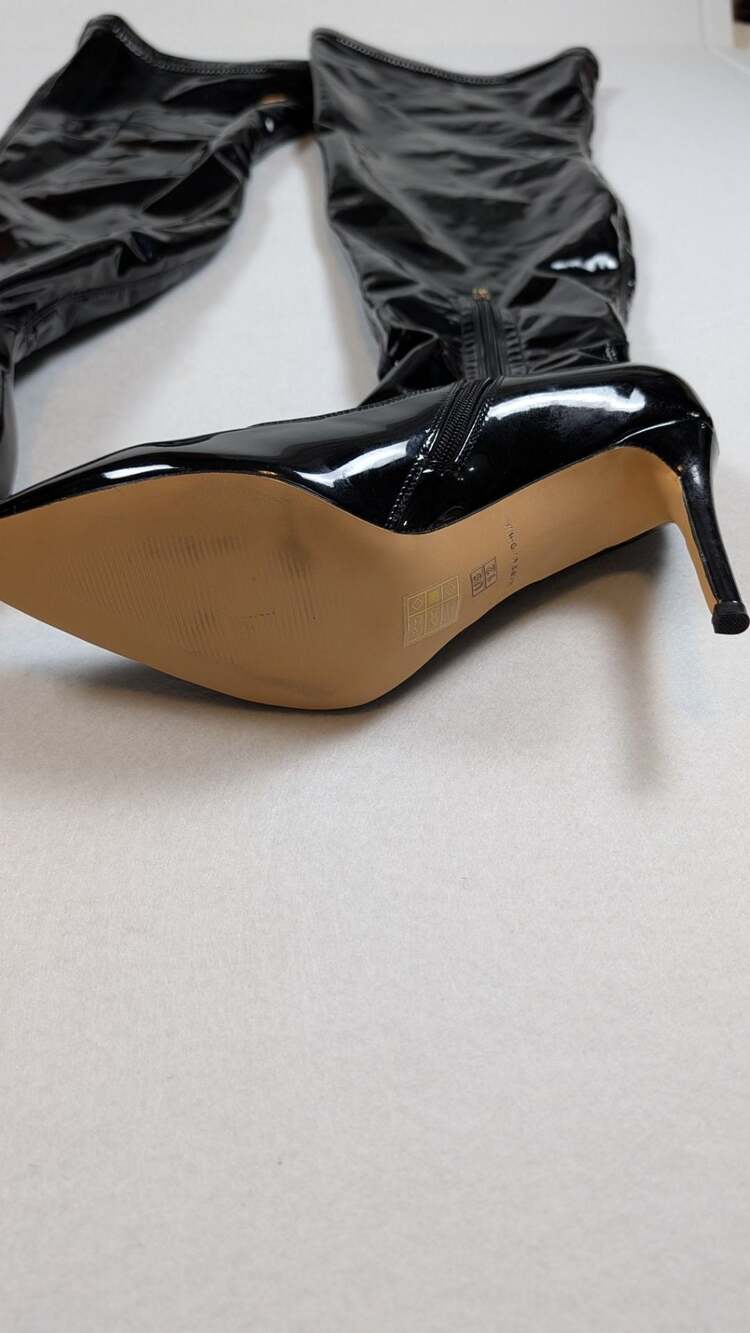 Black Patent Leatherette Over-The-Knee Pointy Toe Stiletto High Heel Boots - Picture 4 of 12